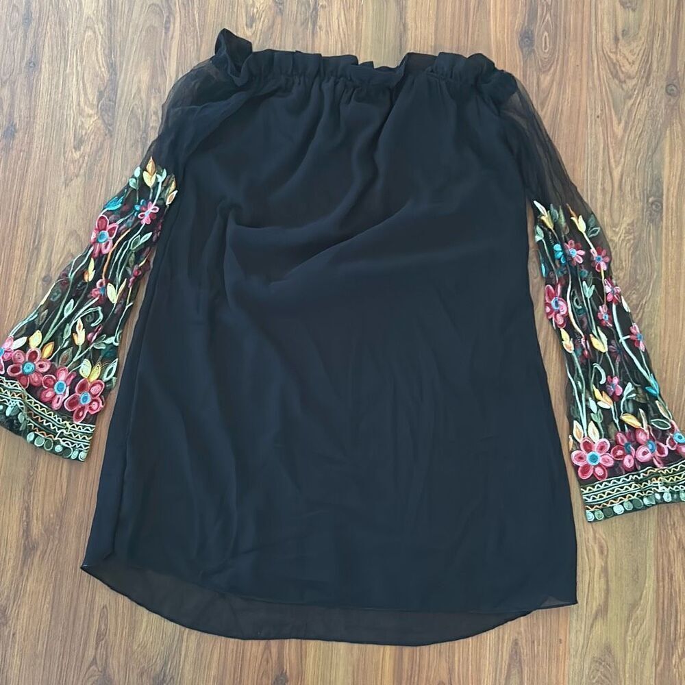Adorable off the shoulder black mini dress top tunic top with sheer sleeves embr